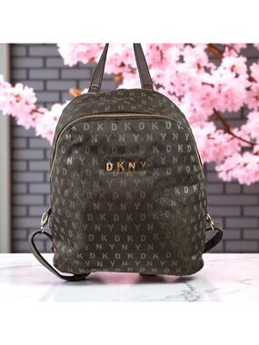 DKNY Logo Monogram Backpack | Brown Faux Leather Bookbag